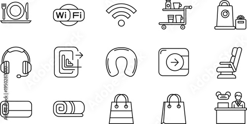 Set of In-Flight Travel Icons Featuring Wi-Fi, Food Service, Headphones, Duty-Free Shopping, and More
