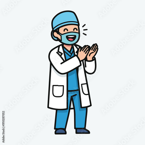 Cartoon doctor in protective gear clapping with excitement or greeting
