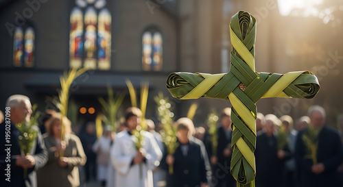 A woven palm leaf cross held by congregants during a traditional palm sunday church procession