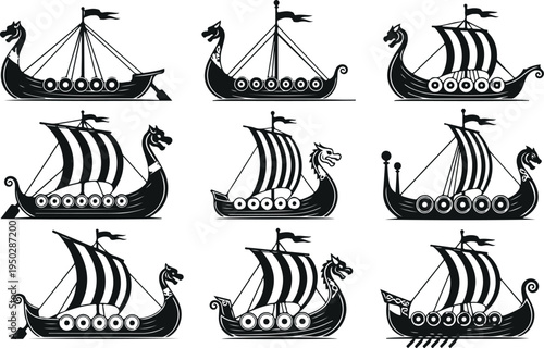 Set of Viking longship silhouettes with dragon heads and sails, ancient Norse drakkar boats collection, Scandinavian warrior ship vector illustration isolated