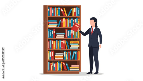 Reading Woman and Library: A person is choosing the right book. Explore the power of reading with this scene of a professional selecting a book from a library.