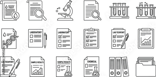 Set of Laboratory and Research Icons Featuring Test Reports, Microscopes, Chemical Documents, and Lab Equipment