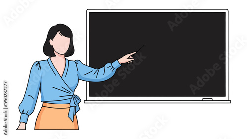 Teacher in front of the Blackboard: A female educator gestures towards a blank blackboard, ready to start a lesson. The image emphasizes education, communication, and presentation