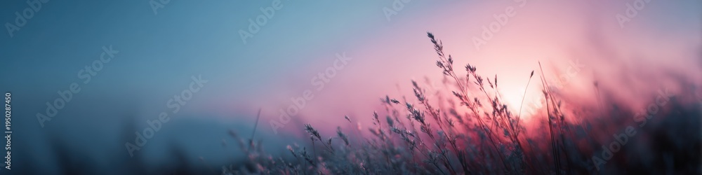 Naklejka premium Wildgrass sunset silhouette soft pastel meadow at dusk with glowing pink sky and delicate seed heads swaying in breeze golden light atmosphere