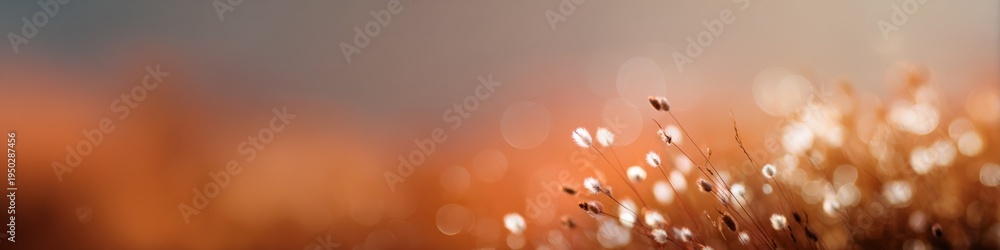 Obraz premium Dewy grass seedheads closeup golden bokeh sunrise macro warm orange nature detail fragile stems morning droplets