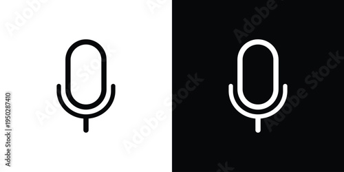 Minimalist outline microphone icon set on white and black backgrounds. Simple vector linear design for voice record, podcast, and audio interface. Clean stroke style for modern app UI.