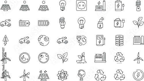 Renewable energy and electric power icon vector set with solar panels, wind turbines, batteries, recycling, and eco technology symbols isolated on light background