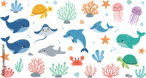 Cute colorful underwater sea animals collection with whales dolphins turtle jellyfish crab coral and starfish cartoon vector illustration set