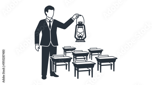 Illuminate the Path: An illustration captures a figure holding a lamp aloft, illuminating the path forward in a classroom setting, symbolizing guidance and enlightenment.