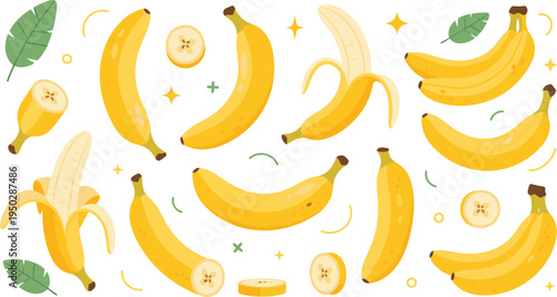Fresh banana fruit collection with whole bunches peeled bananas slices and tropical leaves flat vector illustration isolated on white background for healthy food design.