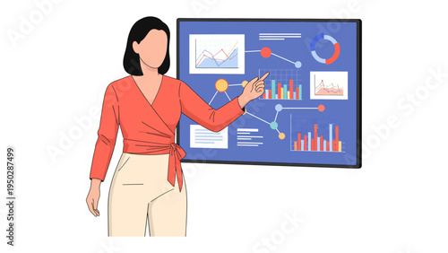 Business Presentation by a Woman: A female figure passionately presents insightful data visualizations displayed on a modern screen, showcasing analysis and strategy with charts and diagrams. 