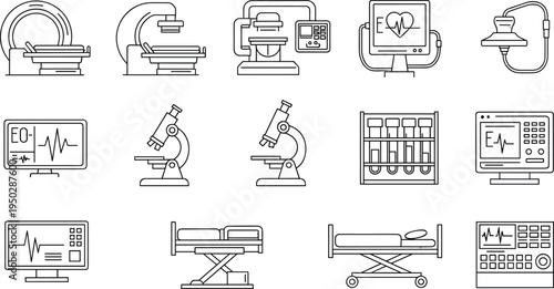 Set of Medical Equipment, Healthcare Devices, and Laboratory Tools in Line Art Style for Medical Imaging and Diagnostics