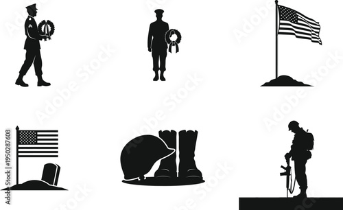 Memorial day tribute with patriotic silhouettes and american flags