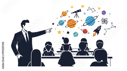 Celestial Classroom: A silhouette of a teacher illuminates the wonders of the cosmos to a class, depicting planets, stars, and celestial bodies in a dynamic learning environment.