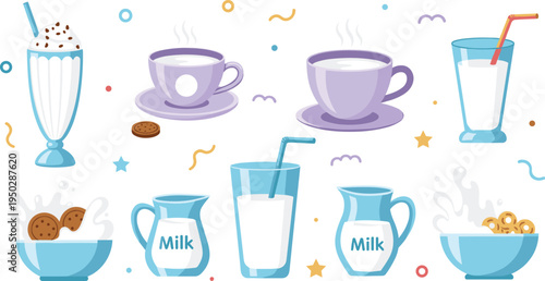 Fresh dairy breakfast set with milk glasses cereal bowls cookies milkshakes and hot coffee cups flat vector illustration isolated on white background for cafe menu