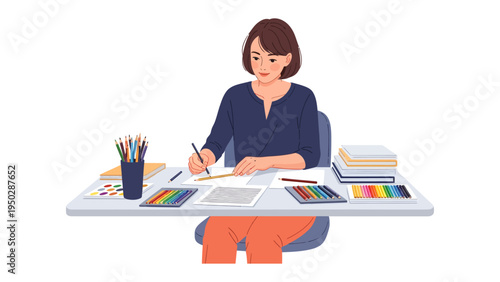 Creative Process at Work: A woman, immersed in artistic creation, diligently draws on her desk, surrounded by drawing supplies. This image speaks of passion, precision.