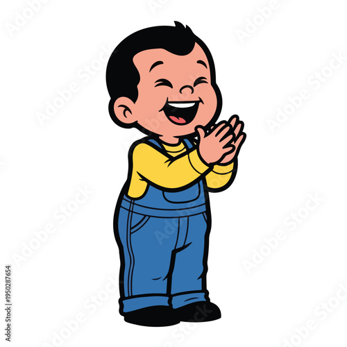 Cheerful cartoon boy in overalls clapping with joy and excitement