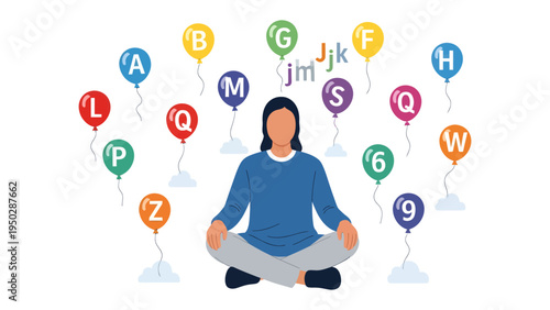 Literacy Imagination: A figure sits meditatively amidst vibrant balloons adorned with letters and numbers, symbolizing the boundless world of literacy and imagination. 