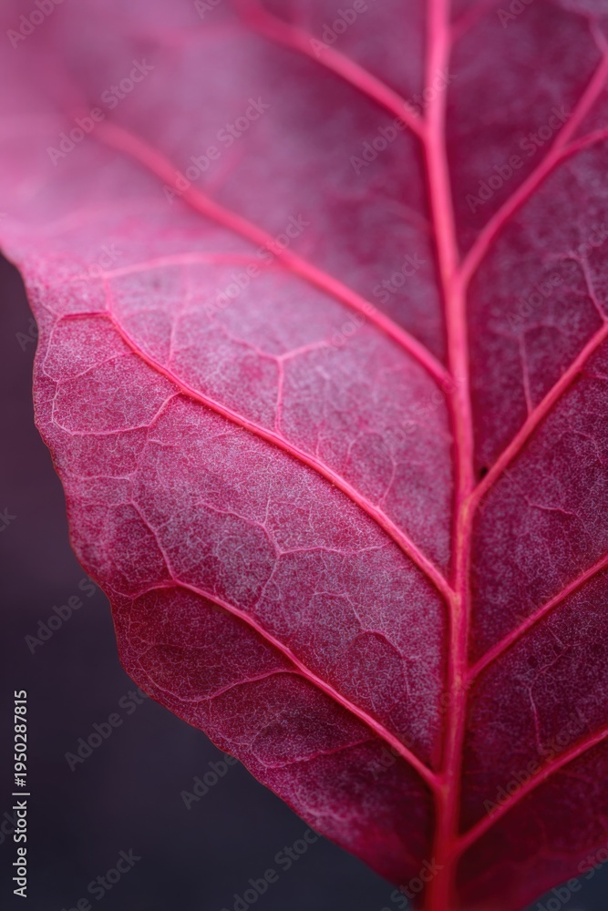 Fototapeta premium Close macro of a deep pink leaf edge with prominent veins and translucent texture against a soft dark background revealing delicate cellular patterns
