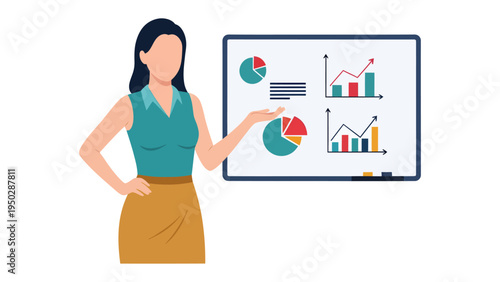Business Presentation Illustration: A dynamic illustration captures a professional individual presenting a detailed analysis of financial data, showcasing charts and graphs on a whiteboard.