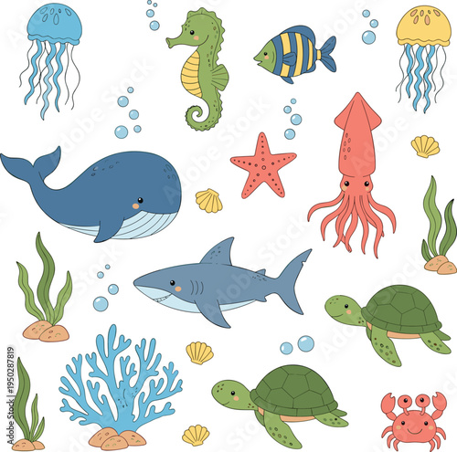 Cute underwater sea animals collection with whale shark turtle seahorse squid jellyfish coral bubbles colorful cartoon vector illustration