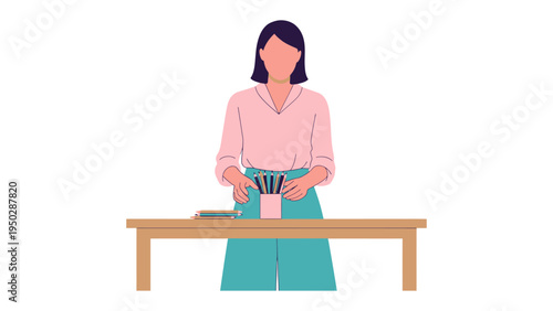 Makeup Artist at Work: A makeup artist stands behind a table filled with various tools, poised to create a masterpiece. Illustrating the precision and artistry of the makeup profession.