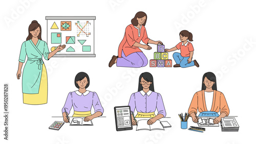 The Versatile woman in Daily Routine: Witness a woman seamlessly transitioning through roles, from teaching in classroom to daily work.