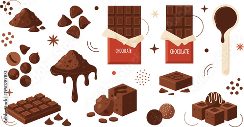 Chocolate ingredient set with cocoa powder chocolate chips bars in red wrappers melted liquid and sweet truffles flat vector illustration isolated on white background.