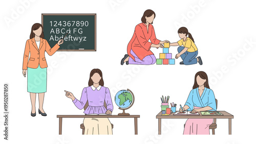 The Guiding Light: A compassionate teacher empowers young minds with guidance, fostering their curiosity, and facilitating exploration in a vibrant learning setting.