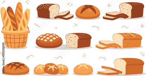 Bakery bread collection with baguettes in basket whole wheat loaves sliced toast and crusty buns flat vector illustration isolated on white background for food shop.
