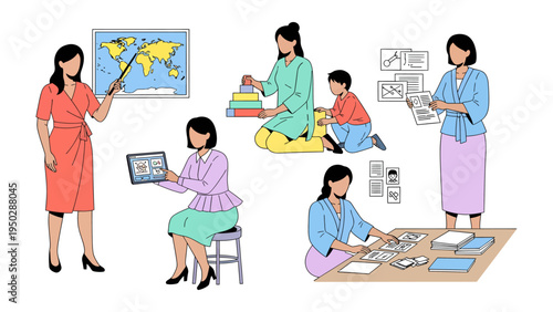 Diverse Teacher Moments: A teacher in various settings, from map pointing to interactive lessons, highlighting the multifaceted role of educators in fostering knowledge and guiding young minds.