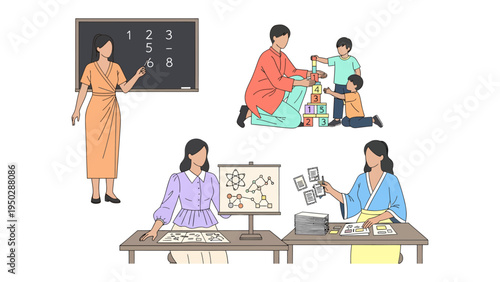 Educational Montage: A collection of educational moments showcases a teacher guiding students through various learning activities. The scene is filled with a sense of knowledge and care. 