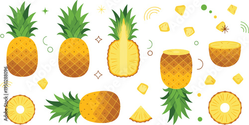 Tropical pineapple fruit collection with whole pineapples halved fruit cross sections slices and juicy cubes flat vector illustration isolated on white background.