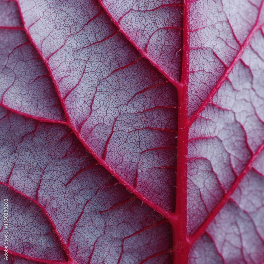 Fototapeta premium Macro closeup of red leaf veins showing intricate network texture and fine cellular pattern in high detail