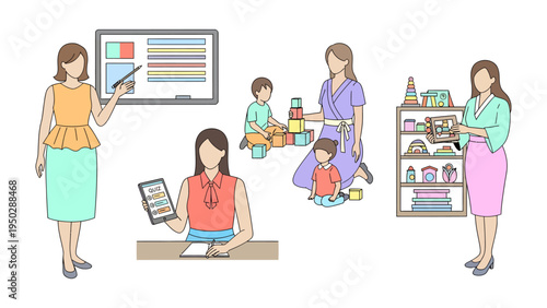 Nurturing Minds and Futures: Depicting a scene of education and childcare, with educators engaging in activities and interactions with children, fostering growth, education and creativity. 