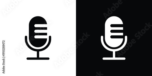 Minimalist outline microphone icon set on white and black backgrounds. Simple vector linear design for voice record, podcast, and audio interface. Clean stroke style for modern app UI.