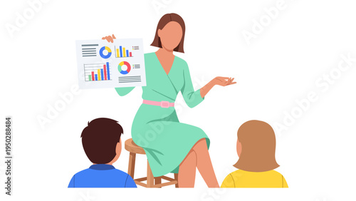 Data Presentation: A woman presenting a detailed data analysis, showcasing charts and graphs to an attentive audience, in a professional and informative setting.