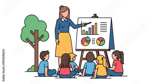 Classroom Moment: A teacher presents data visualization to her students, engaging them in a learning session under the nurturing shadow of a tree, ideal for educational content.