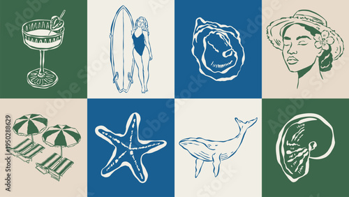 Coastal living hand drawn illustration collection. Travel doodles. Art for postcards, menu, print posters, packaging design.