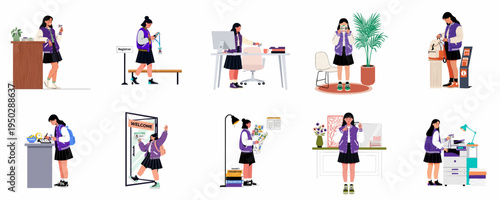 Illustrations of a female student in a varsity jacket during school activities like registration, using an ID card, and attending university orientation.