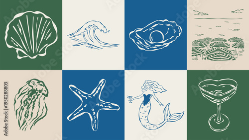 Coastal living hand drawn illustration collection. Travel doodles. Art for postcards, menu, print posters, packaging design.