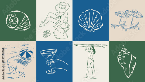 Coastal living hand drawn illustration collection. Travel doodles. Art for postcards, menu, print posters, packaging design.