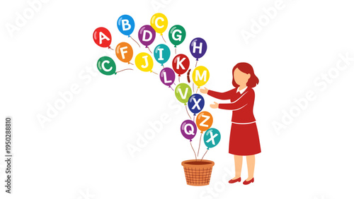 Education and Inspiration: An animated teacher, brimming with excitement, offers a cascade of alphabet balloons from a decorative pot.