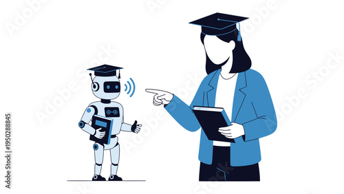 Robot's Education: An illustration showing a person educating a robot with academic cap, The image features a symbol of Artificial Intelligence with education concepts