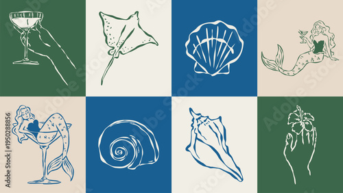 Coastal living hand drawn illustration collection. Travel doodles. Art for postcards, menu, print posters, packaging design.