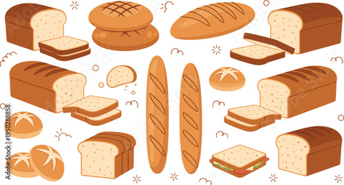 Bakery bread collection with French baguettes whole wheat loaves sliced toast crusty buns and a sandwich flat vector illustration isolated on white background for food shop