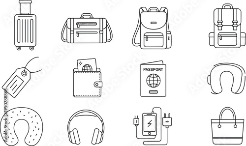 Set of Travel and Luggage Icons Featuring Suitcases, Backpacks, Travel Tags, and Essentials