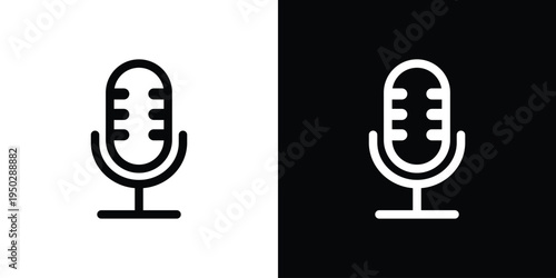 Minimalist outline microphone icon set on white and black backgrounds. Simple vector linear design for voice record, podcast, and audio interface. Clean stroke style for modern app UI.