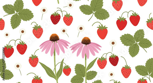 Strawberry botanical set with flowers and leaves. Wild strawberry berries with pink echinacea flowers. Natural garden elements for organic food design, herbal packaging and summer patterns.