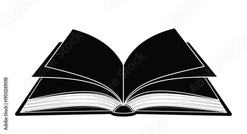 A minimalist black and white illustration depicts an open book showcasing its pages and spine high quality professional detailed